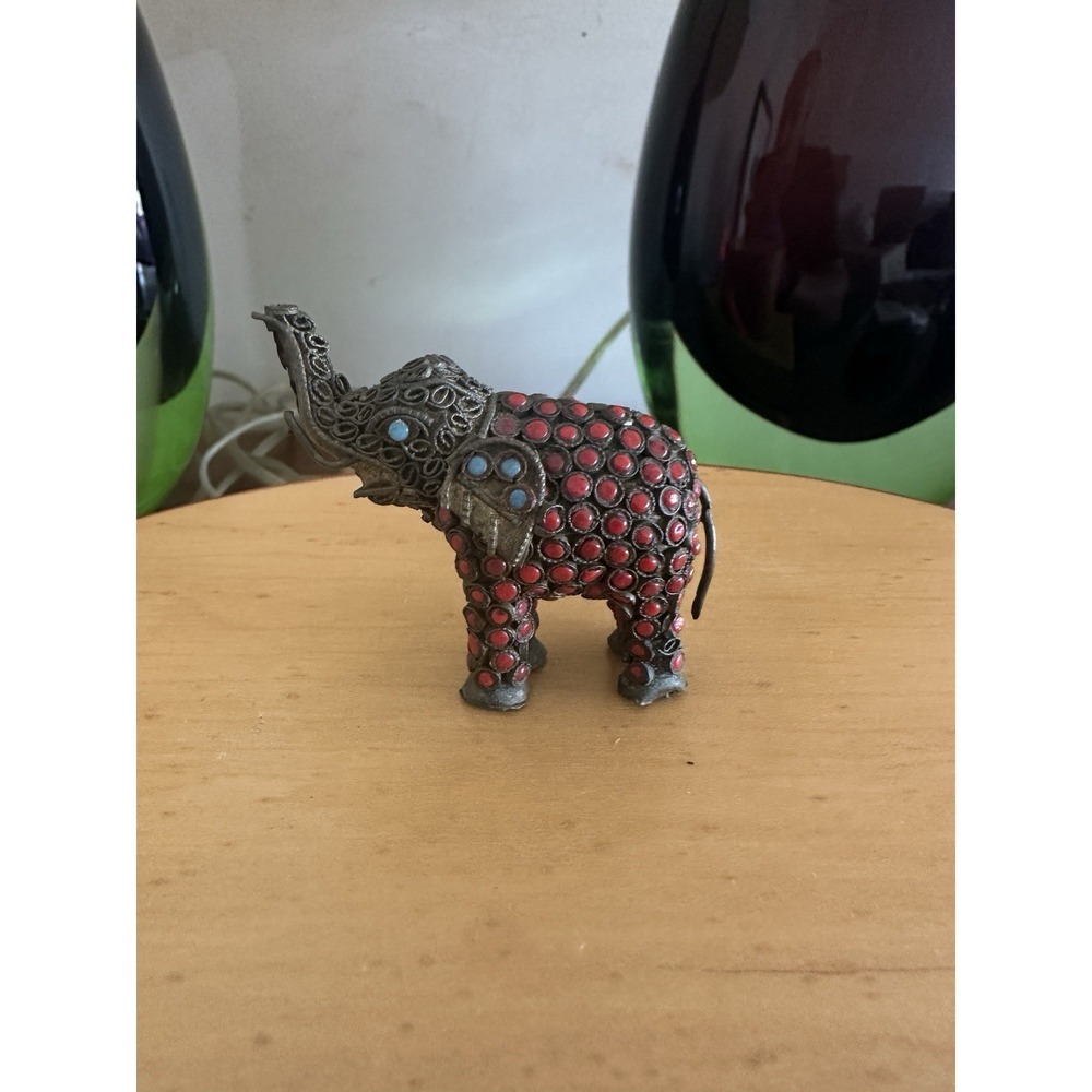 Vintage Metal Elephant Figurine – Red & Turquoise‎ Beads – 3.5" x 3"